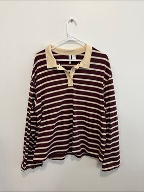 H&M Striped Long-Sleeve Polo in Burgundy and Cream
